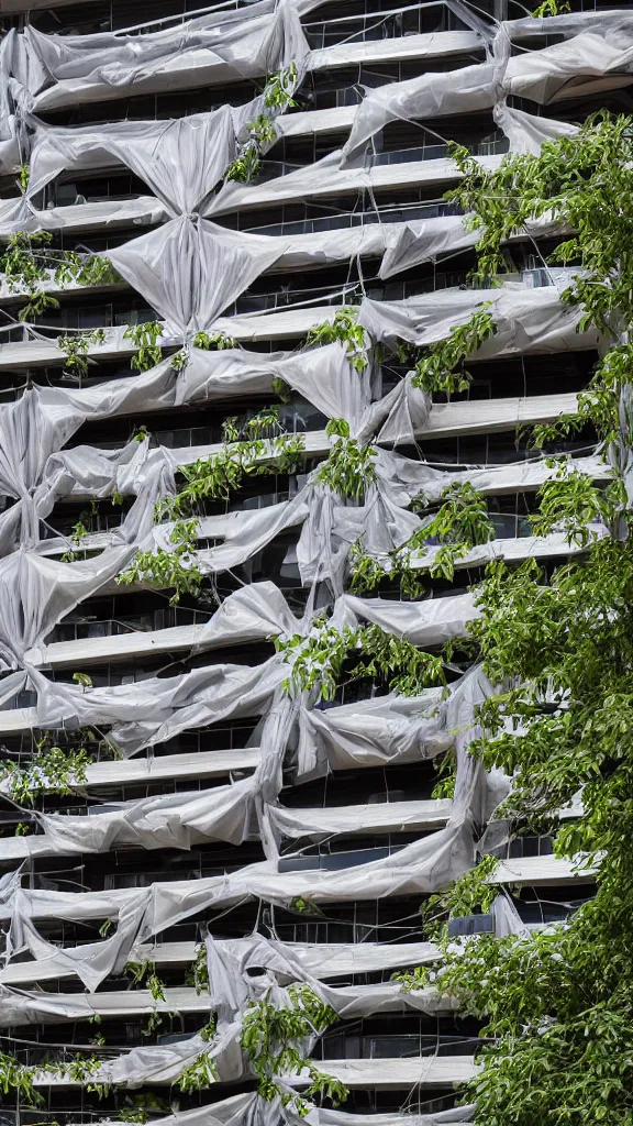 Prompt: hyperrealistic photo of a futuristic timber building in a urban setting. the building has many balconies with hanging plants. parts of the building are wrapped in billowing fabric tarps. the fabric tarps are translucent mesh with large holes for balconies and windows. the fabric hangs from metal scaffolding. 8 k