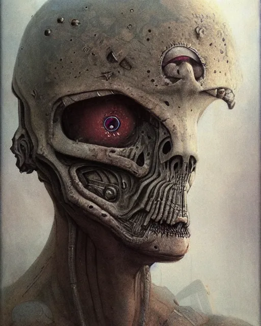 Image similar to portrait of a strogg cyborg from quake 2, by beksinski and h. r. giger, trending on artstation, 4 k,