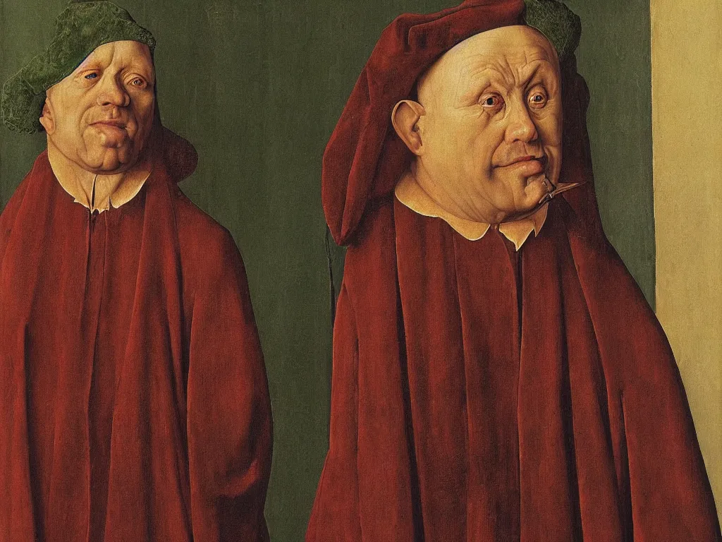 Prompt: portrait of a middle aged blind man. 21 th century clothes. Painting by Jan van Eyck