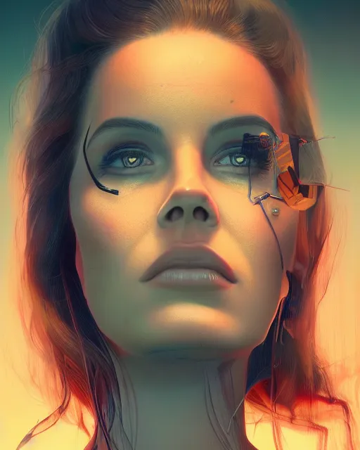 Prompt: portrait of lana del rey as a cyborg. intricate abstract. intricate artwork. by tooth wu, wlop, beeple, dan mumford. concept art, octane render, trending on artstation, greg rutkowski very coherent symmetrical artwork. cinematic, key art, hyper realism, high detail, octane render, 8 k, iridescent accents