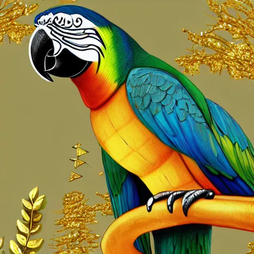 Image similar to parrots dressed in golden rings, necklaces and with caps on head, rapping and sitting on golden trees, rap scene, jungle concept art, trending on artstation, highly detailed, digital art, 8 k