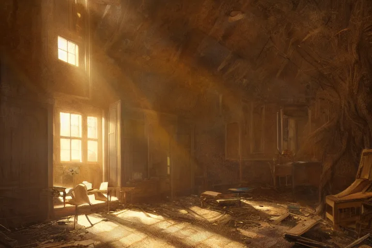 Image similar to the interior of an old abandoned house, an old oak tree grows inside the house, golden rays of sunlight enter through the window, digital art, trending on artstation, matte painting, concept art, drawn by greg rutkowski, inspired by johannes vermeer, cold colors