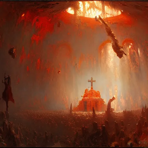 Image similar to a chapel's ceiling is broken in half as a red magical portal from hell opens up there. highly detailed painting by gaston bussiere, greg rutkowski, craig mullins 8 k