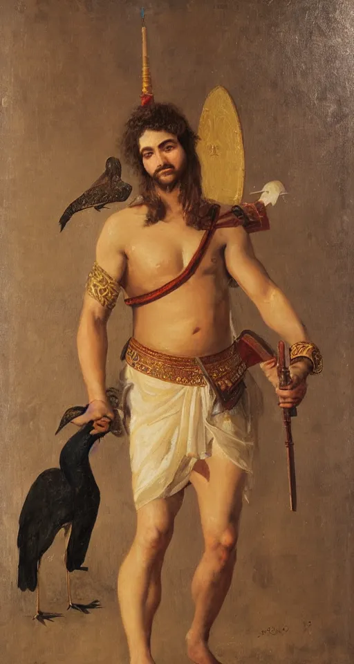 Image similar to orientalist portrait painting of a the great greek warrior achilles with a cormorant on his shoulder, in romantic style, sfumato