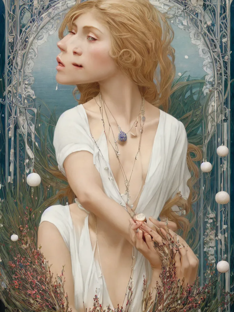 Image similar to a blonde girl in white dress in beautiful window, necklace with a fruit seed ornament, ocean eyes, light freckles, incense smoke and flowers in the background, portrait, mucha, conceptart, medium shot, unreal, octane, symmetrical, photorealism.