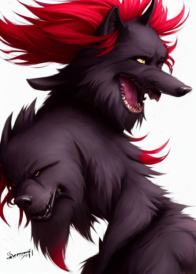 Image similar to character concept art of a black anthropomorphic male furry wolf long red hair | | cute - fine - face, pretty face, key visual, realistic shaded perfect face, fine details by stanley artgerm lau, wlop, rossdraws, james jean, andrei riabovitchev, marc simonetti, and sakimichan, trending on artstation