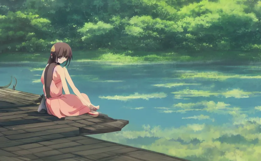 Prompt: An anime girl sitting on a dock, fishing in a pond, anime scenery by Makoto Shinkai, digital art