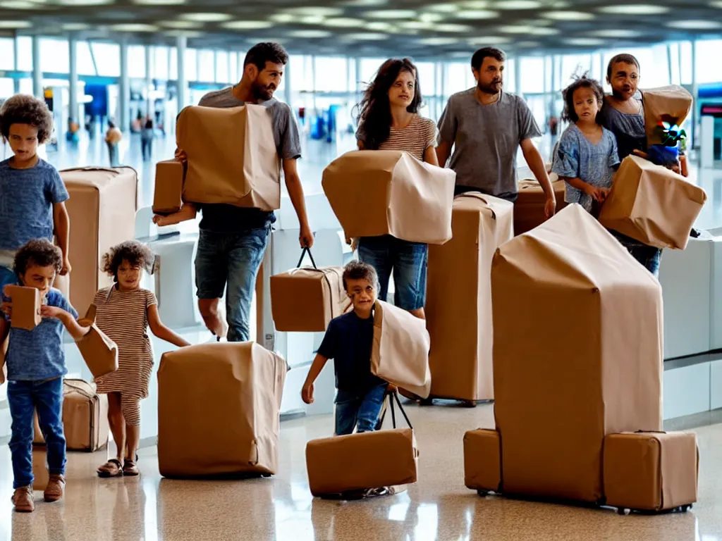 Image similar to a perfect abstract sculpture of a family going on a package holiday, wrapped in brown paper, hurrying through airport security as if they had not a care in the world. as they leave behind a wake of destruction in their suburban paradise.