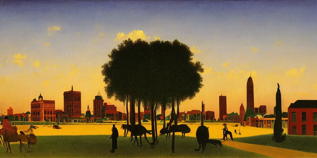 Image similar to a beautiful painting of Columbus Ohio by Henri Rousseau, golden hour, 8k, 4k
