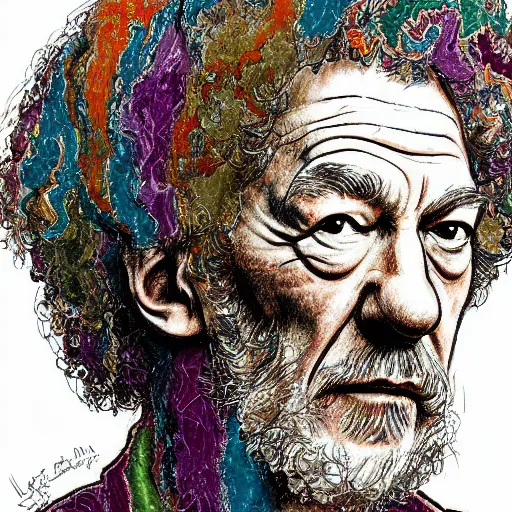 Prompt: a realistic yet scraggly portrait sketch of the side profile of a stern and sophisticated ian mckellen wearing an afro wig, colorized by lisa frank, intricate details, in the style of frank auerbach, in the style of sergio aragones, in the style of martin ansin, in the style of david aja, in the style of mattias adolfsson