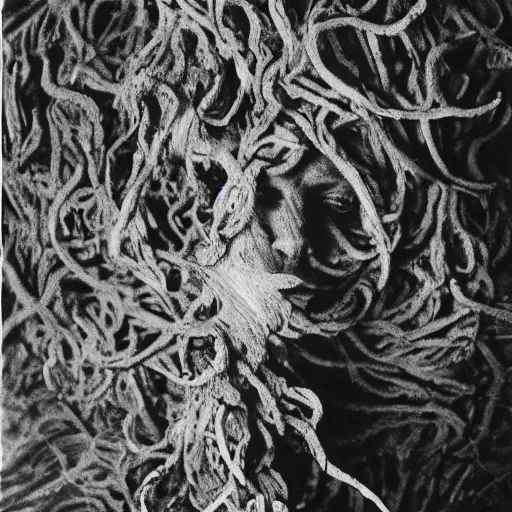 Image similar to photographic portrait of wrinkly sad max ernst dried melting floral tree with spiraling cigarette smoke, in fog, medium long shot