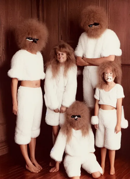 Prompt: realistic photo of the family wearing fluffy hairy masks, white fluffy cotton shorts, polished and fancy, standing in the wooden room full of wooden furniture 1 9 9 0, life magazine reportage photo