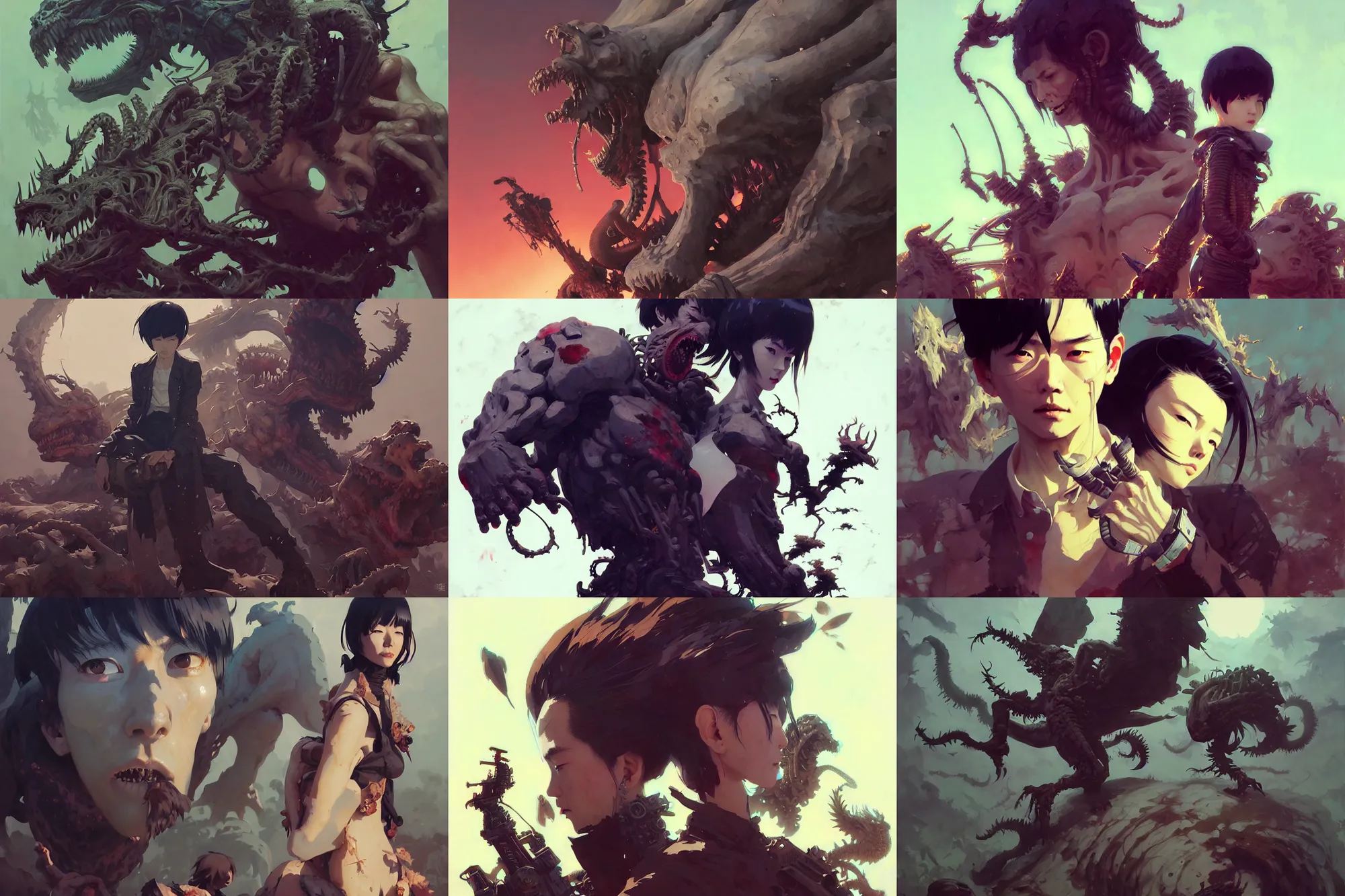 Prompt: hyper - realistic portrait of giant monster graveyard, extreme detail, in style of pan ren wei, ilya kuvshinov, yoji shinkawa, atey ghailan, krenz cushart, by greg rutkowski, by greg tocchini, by james gilleard, by joe fenton, by kaethe butcher, grunge aesthetic