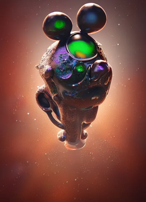 Image similar to mickey mouse head, fractal, broken, wet, mycelium, radiant alien, rococo, baroque, automotive, bio-mechanical, porcelain, iridescent sub surface scattering, octane render