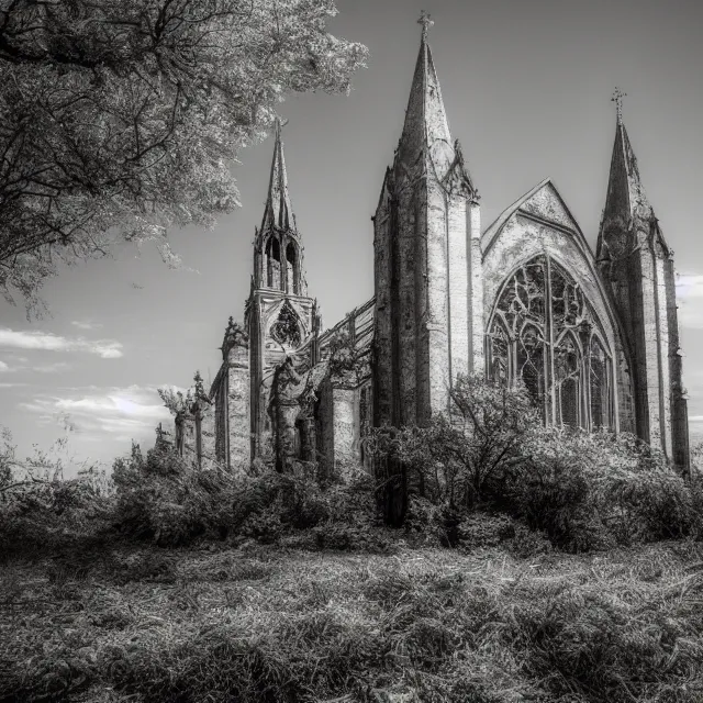 Image similar to abandoned cathedral with overgrown vegetation, vintage infrared photograph