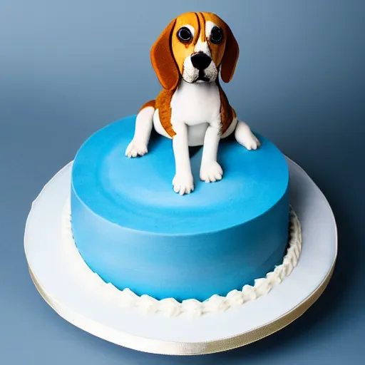 Prompt: a high quality photo of a cake in the shape of a beagle, studio lighting, blue backdrop. HD