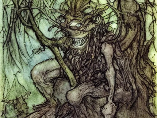 Image similar to troll in a forest by arthur rackham and by Tony DiTerlizzi and by brian froud