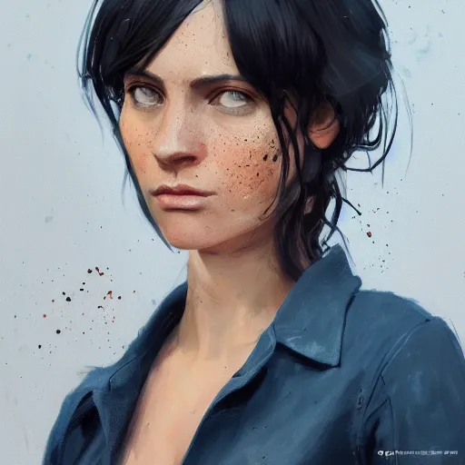 Image similar to Portrait of a woman by Greg Rutkowski, she is about 30 years old, olive skin, freckles, black straight hair, attractive, annoying sister vibes, she is wearing blue utilitarian jumpsuit, highly detailed portrait, digital painting, artstation, concept art, smooth, sharp foccus ilustration, Artstation HQ.