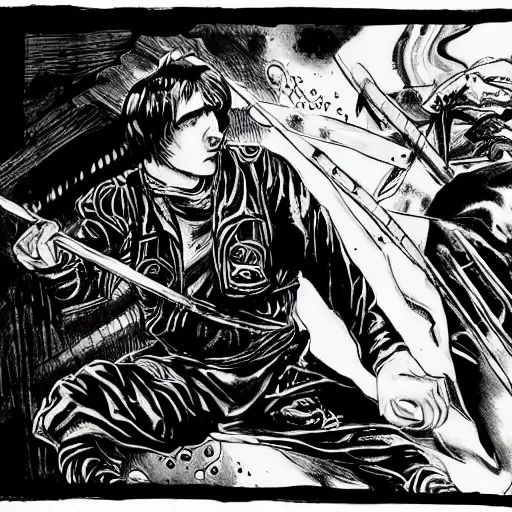 Image similar to pen and ink!!!! attractive 22 year old cyborg Frank Zappa x Ryan Gosling golden Vagabond!!!! magic swordsman glides through a beautiful battlefield magic the gathering dramatic esoteric!!!!!! pen and ink!!!!! illustrated in high detail!!!!!!!! by Hiroya Oku!!!!!!!!! Written by Wes Anderson graphic novel published on shonen jump MTG!!! 2049 award winning!!!!