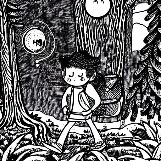 Image similar to mcbess illustration of a little boy with a backpack in a forest