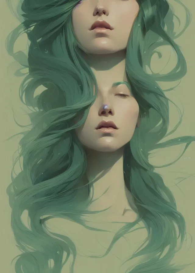 Image similar to beautiful artistic - wave highly detailed portrait female, front facing, long green hair, by atey ghailan, by greg rutkowski, by greg tocchini, by james gilleard, by joe fenton, by kaethe butcher, dynamic lighting, gradient light blue, brown, blonde cream and white color scheme, grunge aesthetic