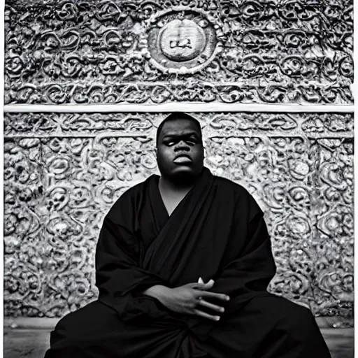 Prompt: The Notorious BIG as a Buddhist monk, award-winning photography