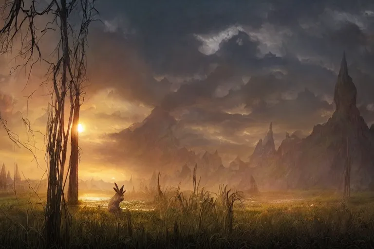 Image similar to fantasy painting, dungeons and dragons, a faerie village, swamp reeds wetland marsh sunset with ominous shadows, a bunny by jessica rossier and brian froud cinematic painting