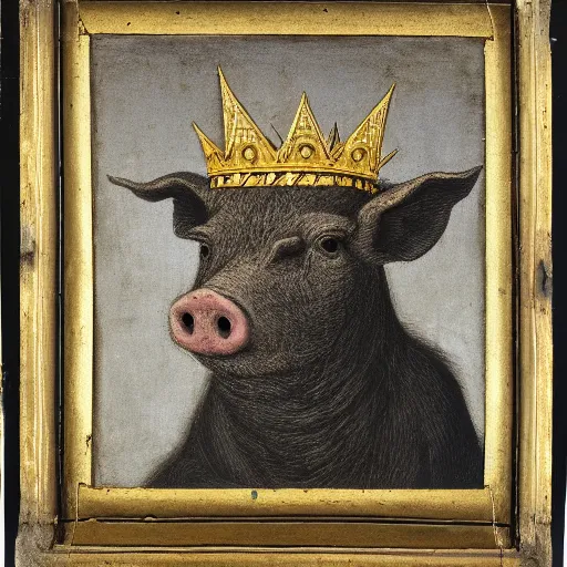 Prompt: a renaissance style portrait of a wild pig wearing a crown and a cape, dark background