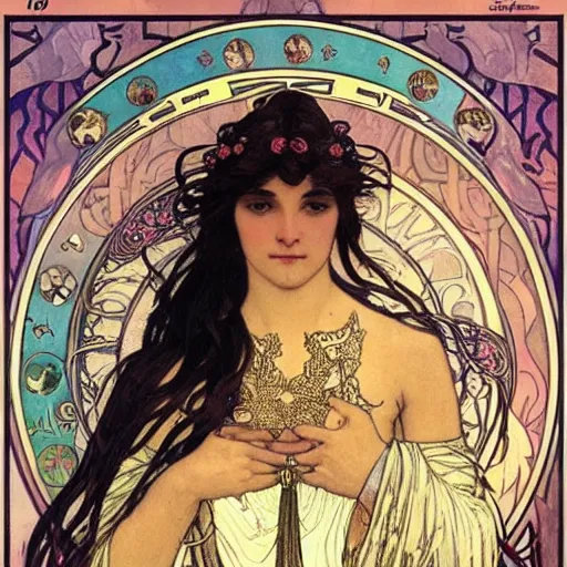 Prompt: akwafina portrait by louis - theophile hingre and alphonse mucha, realistic, sharp focus, zodiac signs, tarot cards, planets, ethereal, art nouveau, magic, moon, sun, crown, dreamy, royal, jewellery