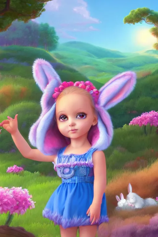 Image similar to matte sharp painting cute little girl and very furry rabbit landscape painted by mark rydel artstation behance storybook lisa frank