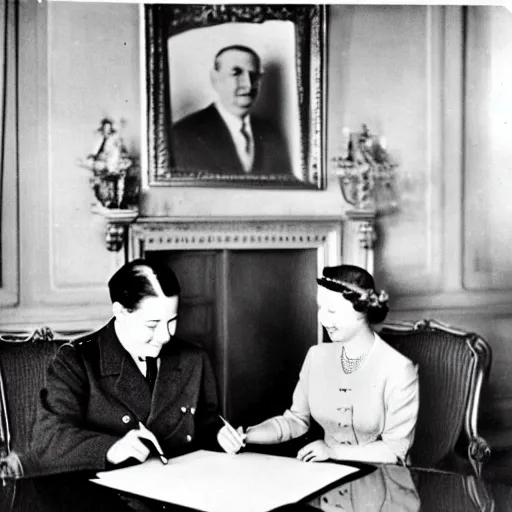 Prompt: 5 0 mm 1 9 4 6 historical photo, of a single general and a young queen elizabeth signing a peace treaty, a cute corgi watches from above, french village interior, highly detailed, sharp focus, symmetrical face