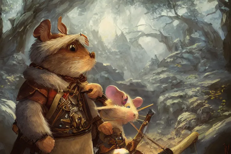 Image similar to dungeons and dragons fantasy painting, portrait of an ahigaru mouse with a matchlock, tanegashima, whimsical and cute, determined expression, watery eyes, anime inspired by krenz cushart, light grey fur, tufty whiskers, feathered arrows, bamboo forest, dawn lighting, by brian froud jessica rossier and greg rutkowski