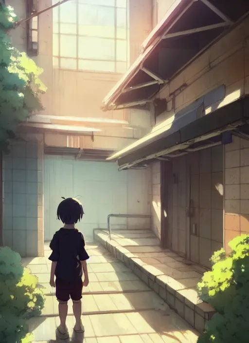 Image similar to boy on ground waving to a pretty girl on the 2 nd floor, illustration concept art anime key visual trending pixiv fanbox by wlop and greg rutkowski and makoto shinkai and studio ghibli