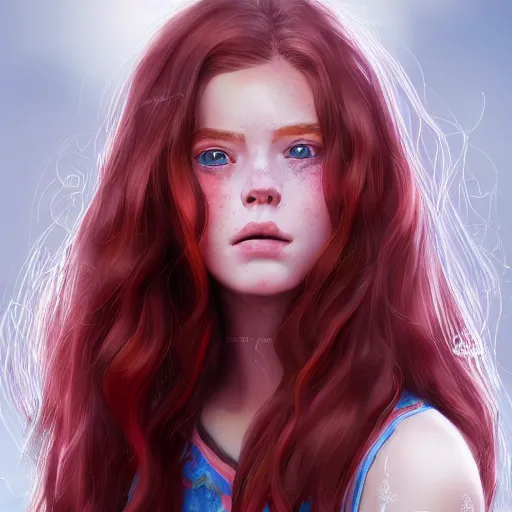 Image similar to portrait of a teen girl with freckles with long red hair and bright brown eyes, 8 k, highly detailed, digital painting, artstation, sharp focus, illustration