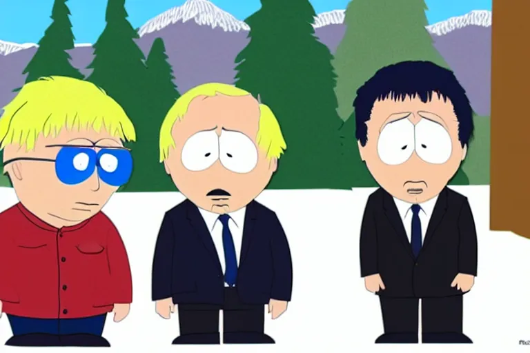 Prompt: still of boris johnson and emmanuel macron on south park