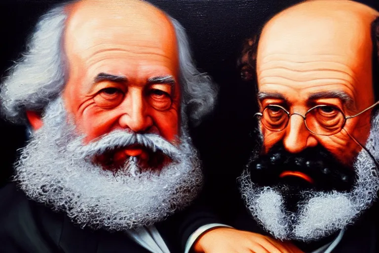 Image similar to ( ( a beautiful 8 k photorealistic masterpiece oil - painting ) ( close up ) and ( zoom out ) ( of ( karl marx and sigmund freud hugging ) ( in funny clothes ( both giggling and having fun ) ) ) ( hyperrealism ) ( 1 6 k ) ( trending on artstation )