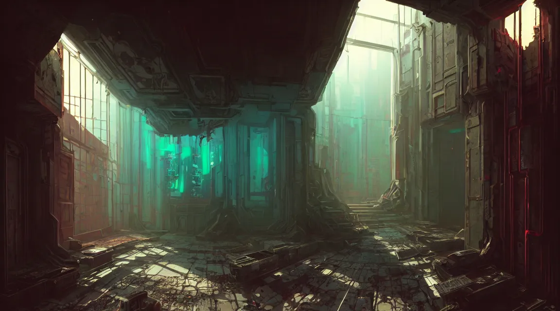 Prompt: post apocalyptic palace interior, hallway interior, human silhouette, furniture, interior decoration, by pascal blanche, neil blevins, trending on artstation, vibrant color scheme, photorealistic, hyper detailed, hyper realistic, cyberpunk