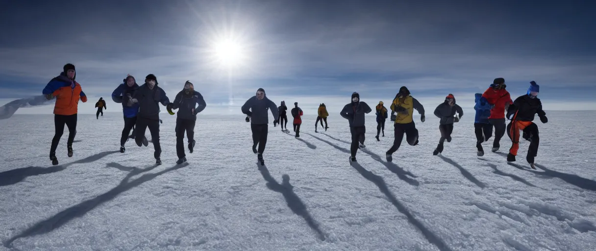 Image similar to a creepy backlit hyper detailed photo realistic vivid close up photograph of a group of six complete people in the snow at night in antarctica running through mcmurdo station base screaming oh my god