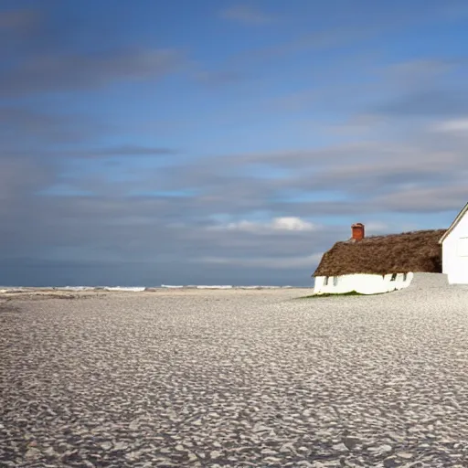 Image similar to a whitewashed cottage on a windswept beach