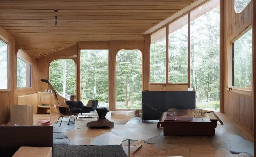 Prompt: luxurious wooden cottage by alvar aalto, modern native amarican living room, japanese flower arrangements, architecture photography