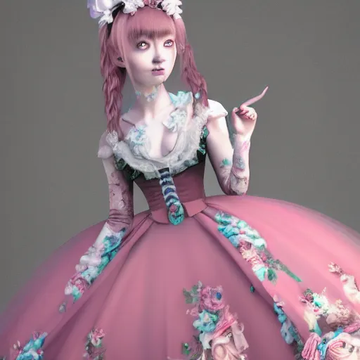 Image similar to 8 k, octane render, realism, tonalism, renaissance, rococo, baroque, cotton candy, portrait of a creepy young lady wearing long - harajuku manga - dress with flowers! and skulls