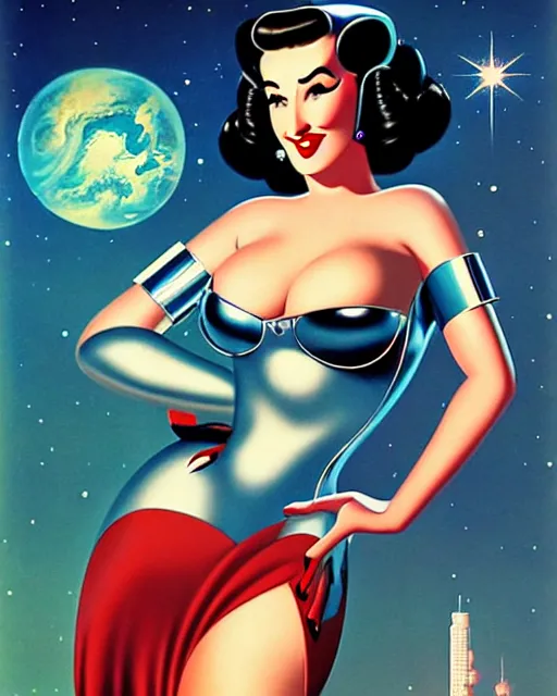 Image similar to closeup beautiful retro space dita von teese posing with a chrome robot in diesel punk city at night, pinup, windblown dark hair, seductive, hyper detailed, digital art, smooth, sharp focus, gil elvgren, anna dittmann alberto vargas, 1 9 5 0, when mars attacks