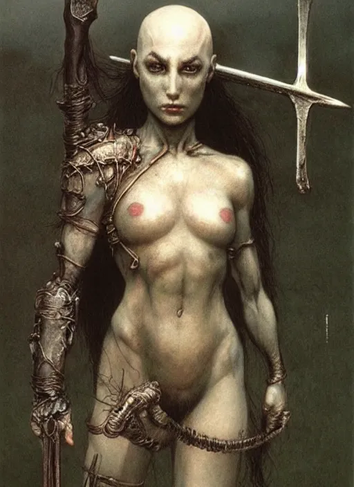 Image similar to bald barbarian girl by Beksinski and Luis Royo