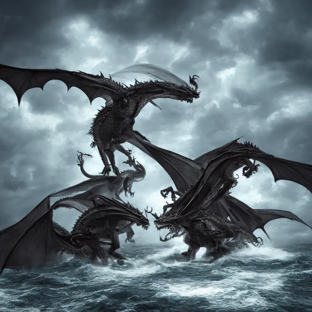 Image similar to a dragon with three heads emerging from the ocean during a storm, dramatic lighting, cinematic, high coherence, hyperrealistic, anatomically correct, path traced, highly detailed, high quality, 8 k hdr, octane render, unreal engine 5, trending on artstation, epic image, turbulent sea, concept art, digital art