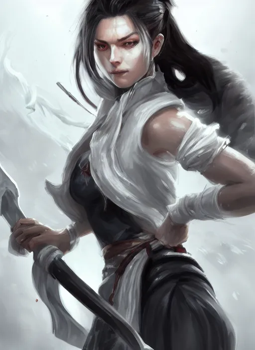 Prompt: a highly detailed illustration of fierce messy ponytail black haired one armed delinquent woman wearing white cap wearing long white coat cape, dramatic wielding sword pose, muscular, intricate, elegant, highly detailed, centered, digital painting, artstation, concept art, smooth, sharp focus, league of legends concept art, wlop.