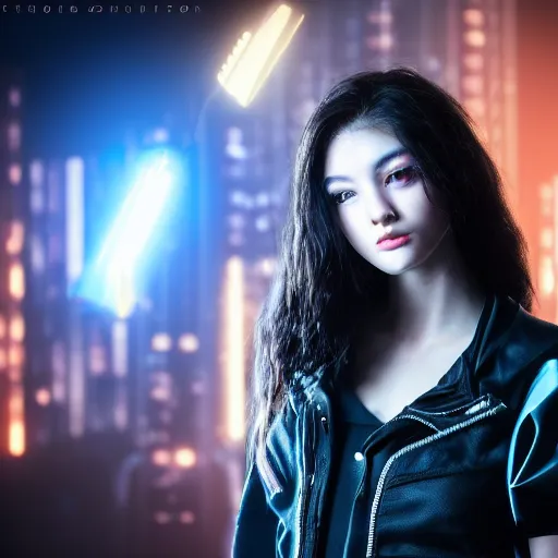 Image similar to a beautiful young woman, cyberpunk, cinematic, studio lighting, 8 k, highly detailed, rule of thirds