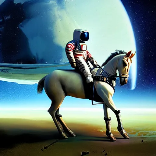 Image similar to a anthropomorphic horse - astronaut riding an horse like astronaut, hyperrealism, no blur, 4 k resolution, ultra detailed, style of ron cobb, adolf hiremy - hirschl, syd mead, ismail inceoglu, rene margitte