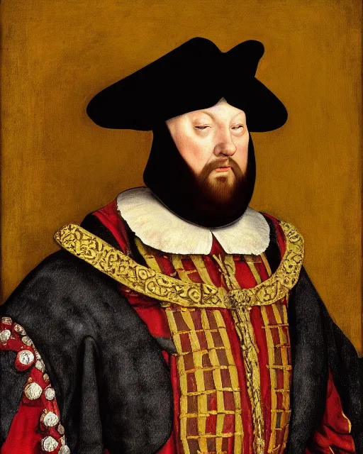 Image similar to fat gray cat with yellow eyes dressed like henry viii, tudor period clothing in scarlet gold and black, hans holbein the younger, greg rutkowski, royal portrait, painting