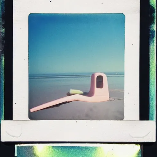 Image similar to a pastel colour high fidelity Polaroid photo from a holiday album at a seaside with abstract inflatable relaxing parachute furniture, all objects made of transparent iridescent Perspex no people, iridescence, nostalgic