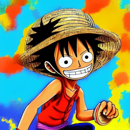 Image similar to monkey d luffy from one piece, 4 k hd, over saturated, bright colours,